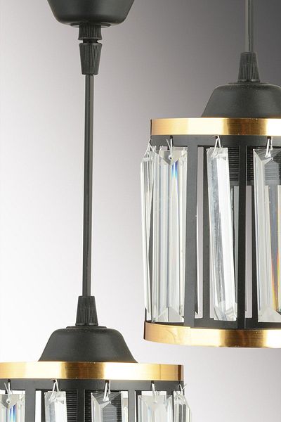 SONSUZ AYDINLATMA&AVİZE 4-Piece Black Pendant Lamp with Crystal Stones and Yellow Strip Cylinder Downward Facing Luxury Chandelier