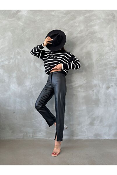 BEJNA Women's Black Slit Leg Faux Leather Trousers