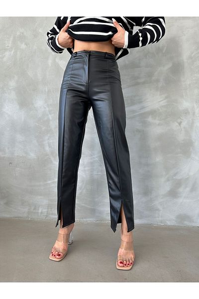 BEJNA Women's Black Slit Leg Faux Leather Trousers