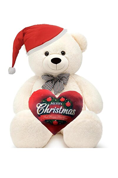 Sole New Year's Special: 90 cm Plush Teddy Bear with Printed Heart and Christmas Hat in Hand - New Year's Themed