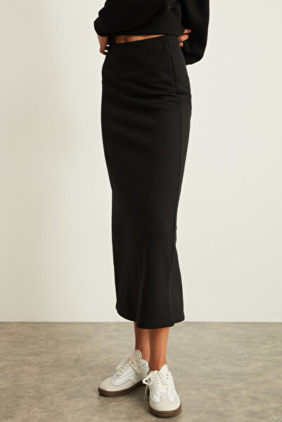 GRIMELANGE Riya Women's 100% Organic Cotton 3 Yarn Non-Raised Maxi Black Skirt