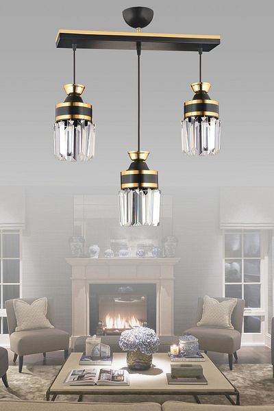 SONSUZ AYDINLATMA&AVİZE Tokyo 3 Row Black Pendant Lamp Tray Crystal Stone Yellow Strip Cylinder Downward Facing Luxury Chandelier