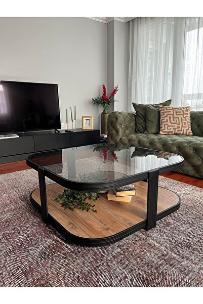 Lisso Home Valencia Orta Sehpa Temperli Füme Cam Modern Mobilya 90x90 Cm