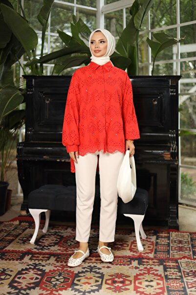 PİNK FLY Pearl Embroidery Shirt Tunic - RED