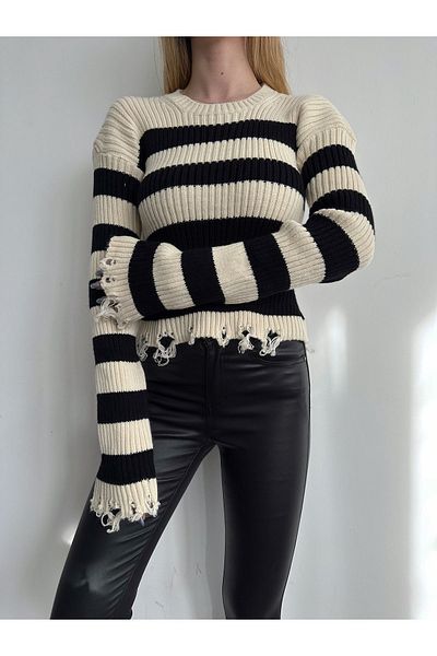BEJNA Zerrissener, detaillierter gestreifter Strickpullover für Damen