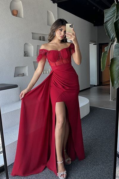 İyem Abiye Princess Collar Crepe Luxury Design Evening Dress
