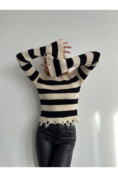 BEJNA Dámský roztrhaný podrobně pruhovaný pletený svetr