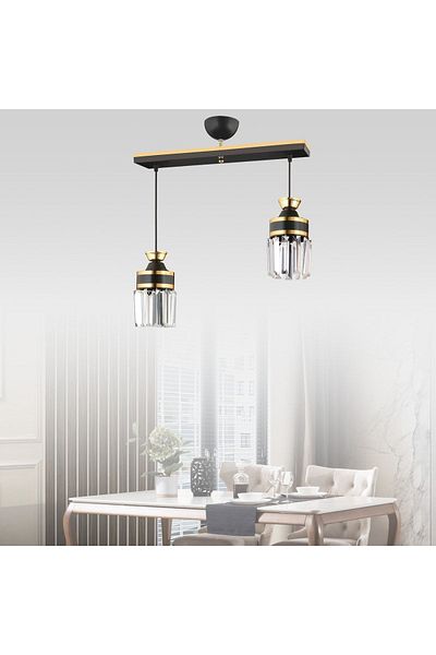 SONSUZ AYDINLATMA&AVİZE Tokyo 2 Row Black Pendant Lamp Tray Crystal Stone Yellow Strip Cylinder Downward Facing Luxury Chandelier