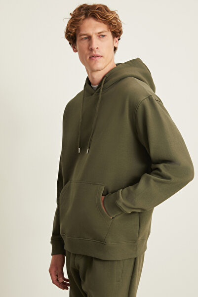 GRIMELANGE PERCIVAL Erkek 3 İplik İçi Şardonlu Süs Etiketi Detaylı Kanguru Cepli Kapüşonlu Sweatshirt