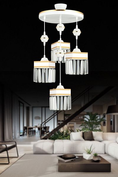 SONSUZ AYDINLATMA&AVİZE 4-Piece White Pendant Lamp with Crystal Stones and Yellow Strip Square Downward Facing Luxury Chandelier