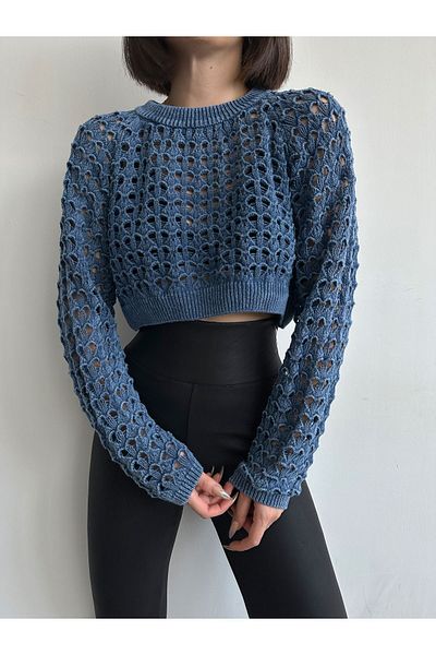BEJNA Pulover Crop ajurat Indigo pentru damă