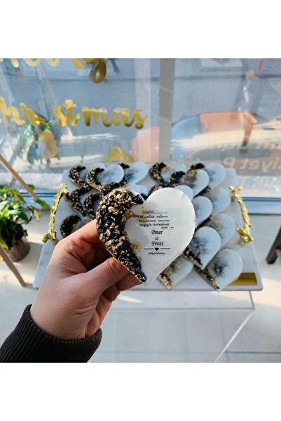 GOLD ORGANİZASYON Taşlı Lacivert Kalp Epoksi Magnet 25 Adet Söz Nişan Nikah K...