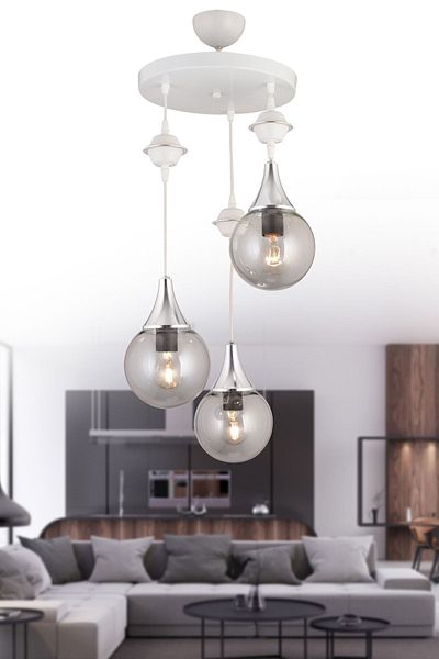 SONSUZ AYDINLATMA&AVİZE Pendant Lamp Tray White 3-Piece Smoked Glop Top Glass Chrome Downward Facing Luxury Chandelier