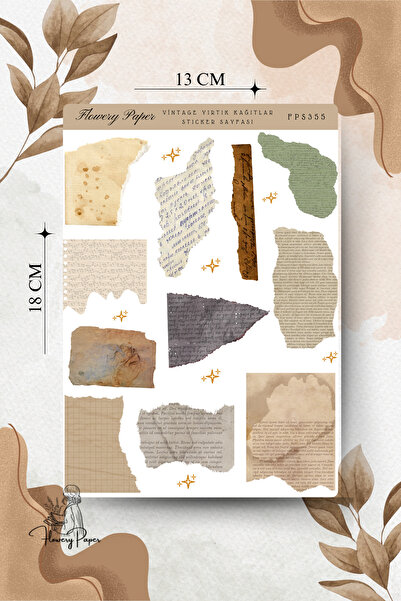 Flowery Paper Vintage Yırtık Kağıtlar Sticker Sayfası - Defter,Ajanda ,Journa...