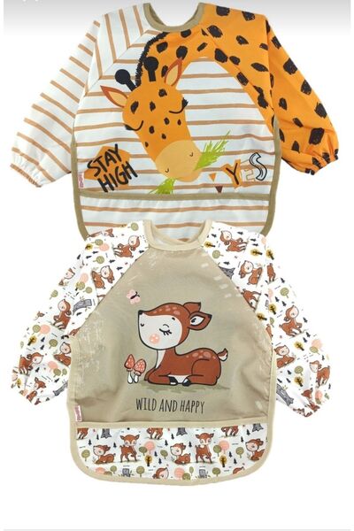 UmBaby Giraffe and Roe Deer Pattern Baby Food Bib with Sleeves