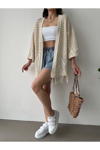 BEJNA Cremefarbene Strickjacke mit durchbrochener Fransenarbeit und Übergröße für Damen