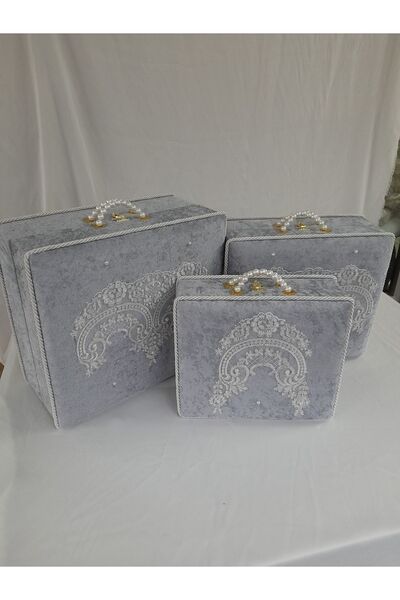 ÖzkınaEvi Söz Nişan Gelin Bohça Çeyiz Sandığı 3 Lü Çanta Gri Renk