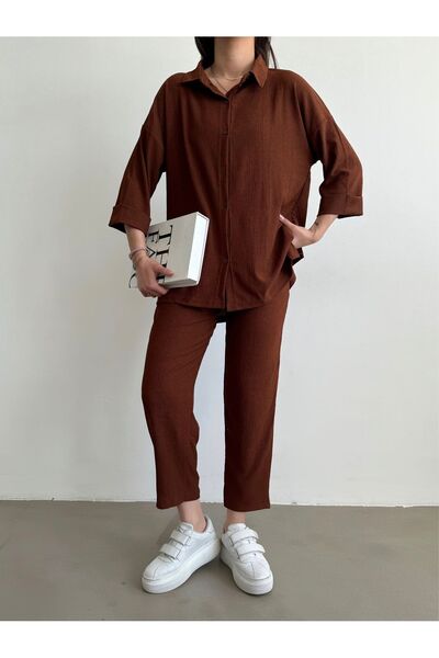 BEJNA Braunes Hemd-Set aus Oberteil und Unterteil mit doppelten Ärmeln für Damen