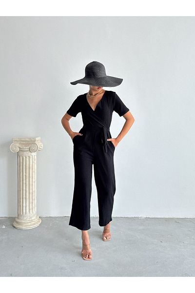BEJNA Black Double-breasted Collar Women's Jumpsuit