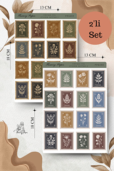 Flowery Paper 2'li Vintage Pul Sticker Sayfası - Defter,Ajanda ,Journal,Scrap...