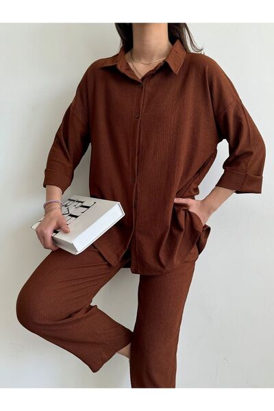 BEJNA Braunes Hemd-Set aus Oberteil und Unterteil mit doppelten Ärmeln für Damen