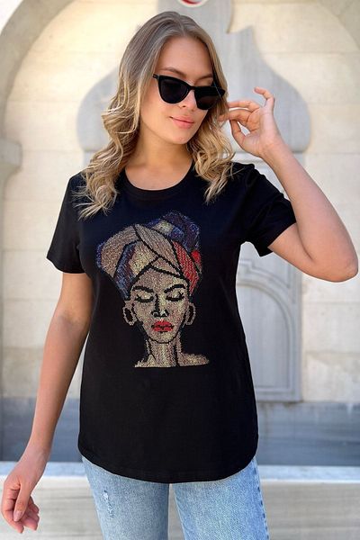 RICH GLAM Plus Size Black Crystal Rhinestone Comfortable Design Women's T-shirt - Short Sleeve, Crew Neck