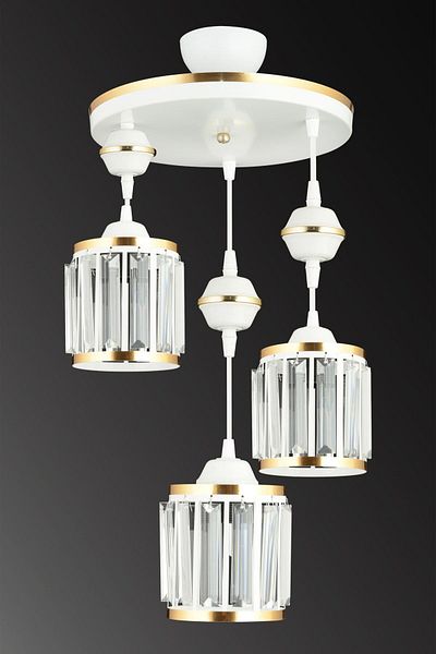 SONSUZ AYDINLATMA&AVİZE 3-Piece White Pendant Lamp with Crystal Stone and Yellow Strip Cylinder Downward Facing Luxury Chandelier