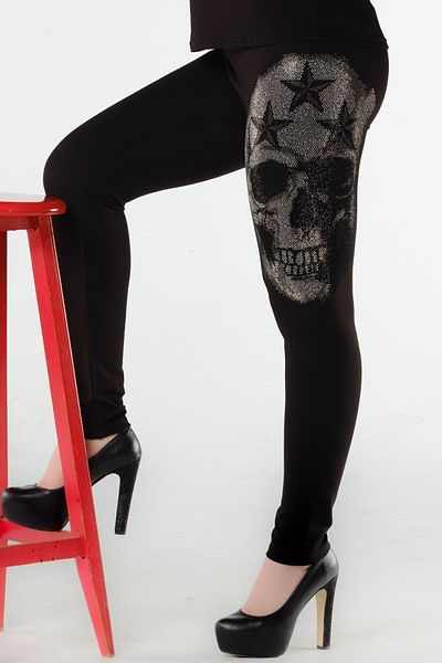 RICH GLAM Steel Fabric Gathering Skull Crystal Stone Large Size Lycra Thick Women's Leggings Trousers