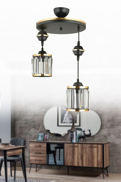 SONSUZ AYDINLATMA&AVİZE 2-Piece Black Pendant Lamp with Crystal Stone and Yellow Strip Cylinder Downward Facing Luxury Chandelier