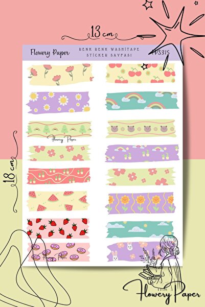 Flowery Paper Renk Renk Washitape Sticker Sayfası - Defter ,Ajanda , Journal,...