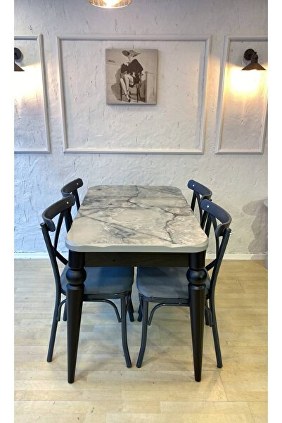 Butik Eko Kelebek Masa High Gloss Antresit Mermer 4 Kişilik Mutfak Açılır Masa Sandalye Takımı