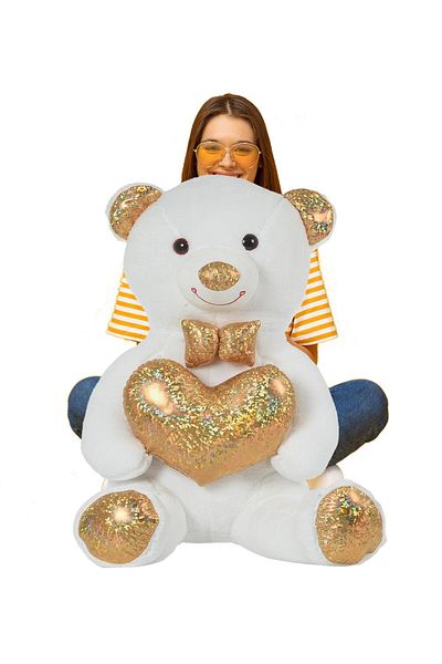 Sole 140 Cm Plush Bear with Gold Bow Tie - Heart Holding, Special Series Gift for Lover