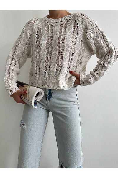 BEJNA Damen-Strickpullover mit geflochtenem Schlitz und Steinhaarmuster