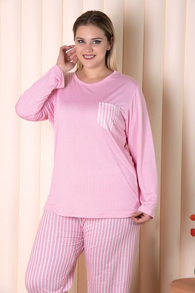 MyBen Pembe Renkli Çizgili Uzun Kollu Battal Pijama Takımı B-1
