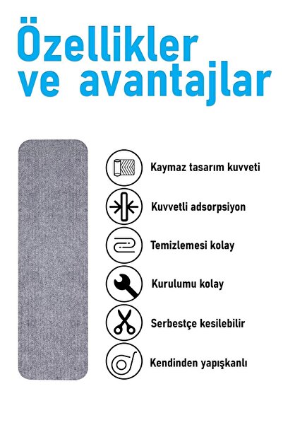 Stepmat Halifleks Yapışkan Tabanlı Merdiven Basamak Paspası Rip Halı Kaymaz Tabanlı - Gri