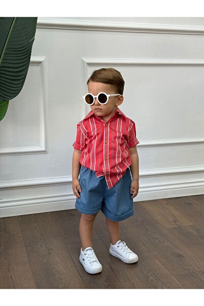 bohemiankids baby wear Kırmızı Çizgili Gömlek Yeni Mavi Pamuklu Şort Takım