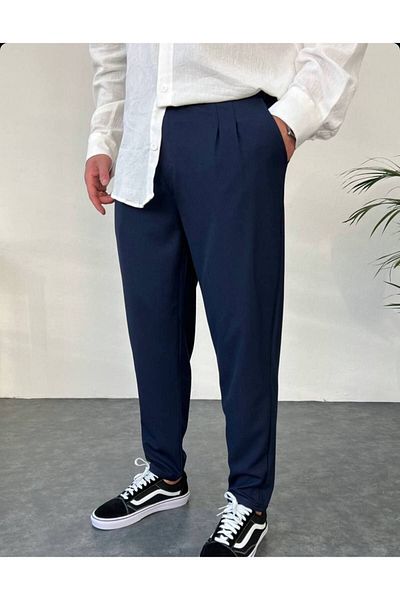 Oliggopol Ανδρικό παντελόνι Boyfriend από ύφασμα Navy Blue με ελαστική μέση με διπλό πόδι Jogger