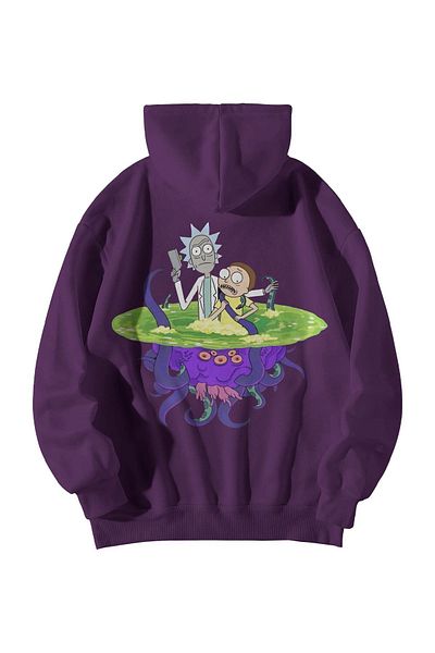 Scrovtie Унисекс суичър с качулка и джоб с кенгуру и щампа RickMorty в лилаво