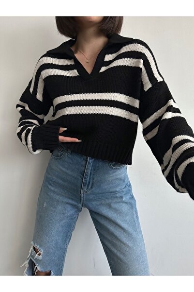BEJNA Polo Neck Striped Women's Sweater - Black Thessaloniki Knit