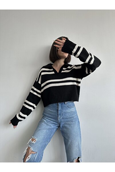 BEJNA Polo Neck Striped Women's Sweater - Black Thessaloniki Knit