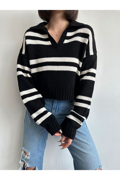 BEJNA Pulover de damă cu dungi cu gât polo - tricot negru Thessaloniki