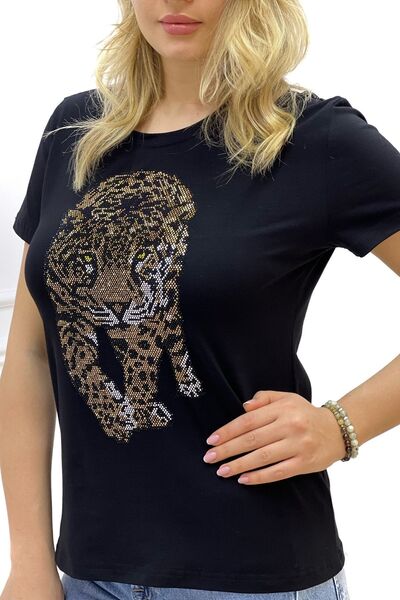 RICH GLAM Γυναικείο T-shirt Tiger Crystal Stone Plus Size Crew Neck Μαύρο βαμβακερό