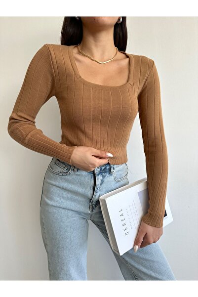 BEJNA Camel Square Neck Crop Women's Knitwear Blouse