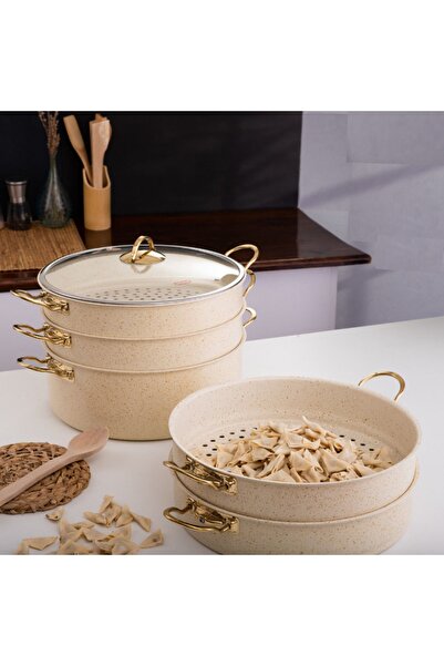 Evren 6 Parça 30 Cm Cream Ezme Seri Buharlı Pişirici, Mantı Tencere Seti 7,5 Lt