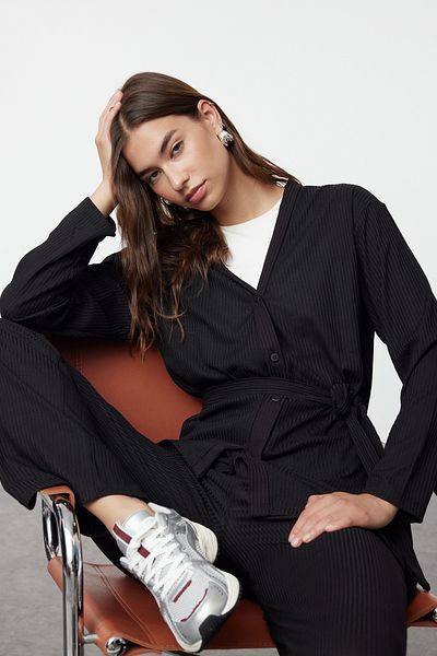 Trendyol Modest Oversize fekete öves tunika és nadrág szett - TCTSS23US00003