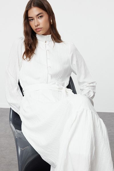 Trendyol Modest Linen Woven Look Ecru Dress - Frilly Skirt and Belted TCTSS24EB00264