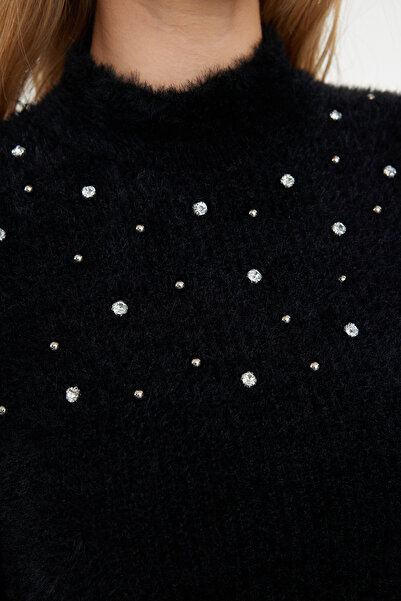 Trendyol Collection Pulover crop tricot negru cu textura moale - Detaliat margele TWOAW25KZ00143