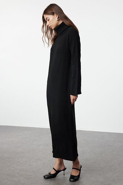 Trendyol Modest Long Soft Textured Black Turtleneck Knitwear Dress - TCTAW25EB00009