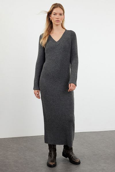 Trendyol Collection Maxi Knitwear Wool Anthracite Dress - Basic Model TWOAW25EL00002