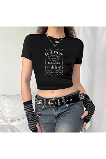 DEEFWEAR Crop negru cu imprimeu Led Zeppelin - Grup rock foarte bun